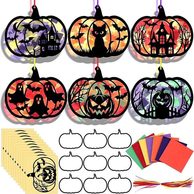 30 Pcs Halloween Suncatchers Paper Craft Set Pumpkin Bat DIY Stained Glass Effect Tissue Paper Kits Gift Bulk for Halloween Classroom Activities Art Party Decor