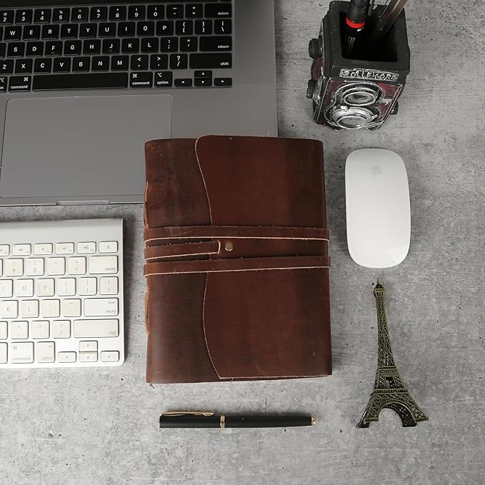 KomalC Dark Tan Leather Journal 7x5 | Handmade Vintage Notebook with Unlined Pages | Rustic Cotton Paper | Antique-Style Travel Diary & Sketchbook for Men & Women