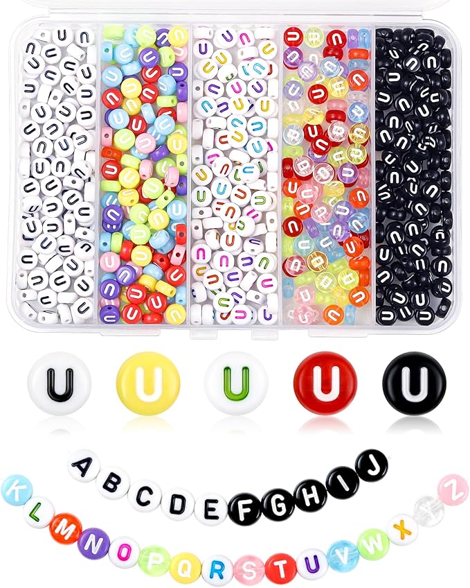 FIVEIZERO 500PCS Letter U Beads, 4x7mm Colored Round Acrylic Alphabet Beads for Friendship Bracelet Making and DIY Crafts