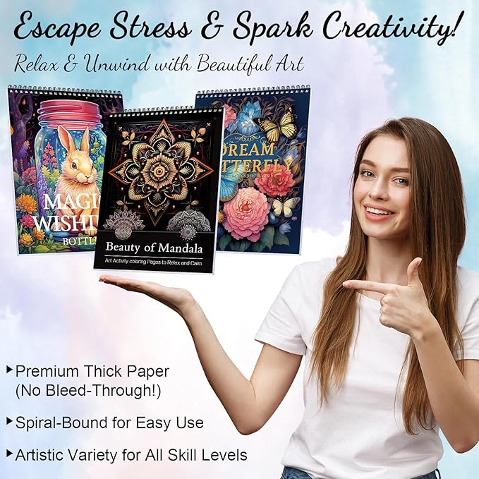 3Pcs Coloring Books for Adults Relaxation, Coloring Book Adult, Libros Para Colorear, Spiral Bound Printed On One Side, Mandala Coloring Book for Adults with 72 Patterns(Mandala & Butterfly & Wishing)