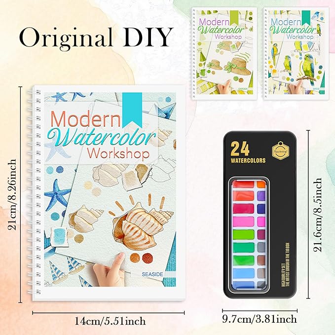 3Pcs Watercolor Workbook Paint Book Beginner Friendly Painting Kit, 36 Pages Workbooks with 24 Paint Colors & Brush for Beginners, Stress-Relieving Gift for Women Adults (Seaside&Bird&Garden)