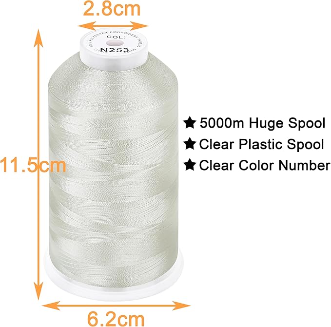 New brothread - Single Huge Spool 5000M Each Polyester Embroidery Machine Thread 40WT for Commercial and Domestic Machines - Ivory White (Janome Color)