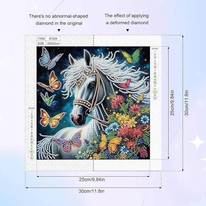 5D Special Shape Diamond Art Kits for Beginners, Diamond Art Painting Kits for Adults, Crystal Rhinestones Diamond Art Painting for Home Wall Decoration Gift 12×12 inch, White Horse Butterfly