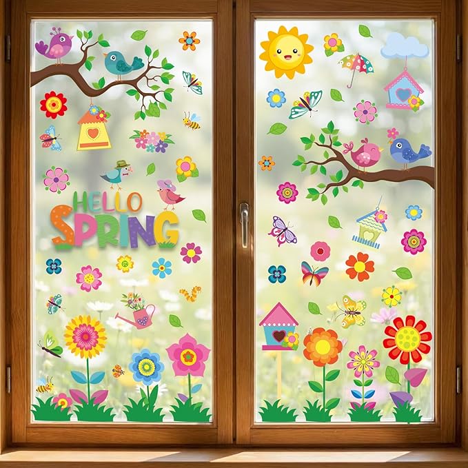 9 sheets spring window clings for glass windows, hello spring stickers decals decor for kids, summer decorations for classroom, home, office