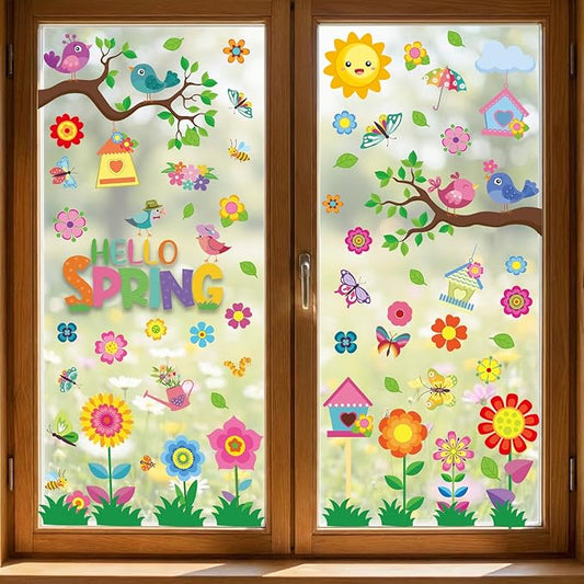 9 sheets spring window clings for glass windows, hello spring stickers decals decor for kids, summer decorations for classroom, home, office
