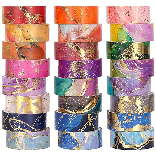 Gold Washi Tape Set - 24 Rolls Metallic Foil Marbling Washi Tape, Decorative Washi Tapes for Junk Journal Supplies, Bullet Journal Supplies, DIY Crafts, Scrapbooking, School Supplies