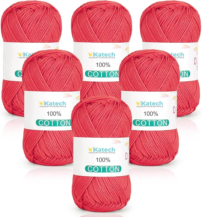 Katech Pure Cotton Yarn for Crocheting & Knitting–Soft Sport Weight CYC #2, 6 Skeins (50g Each, 300g Total), Ideal Crochet Yarn for Dishcloths, Baby Clothes, Socks, Lightweight Scarves（Bright Red）