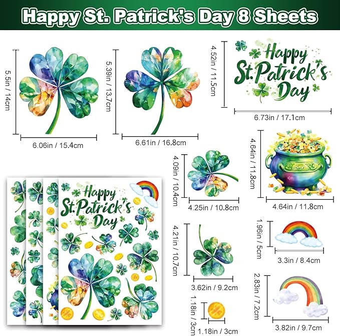 st patricks day window clings for glass windows, saint patrick's day shamrock decor, spring window sticker decal for gifting and holidays, 8 sheets
