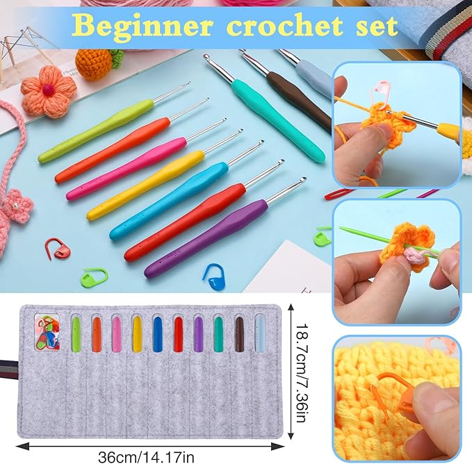 Kogyxe Crochet Hooks Set, 10 Sizes Ergonomic Crochet Hooks with Roll Felt Bag for Beginners, Ergonomic Handles for Arthritic Hands for Crocheting Yarn