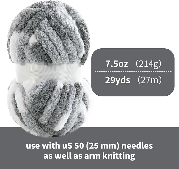 HOMBYS Chunky Tie Dye Mix Chenille Yarn for Hand Knitting, Super Bulky Jumbo Yarn for Crocheting, 3/4" Thick Soft Plush Yarn for Blankets, 8 Skein Pack (26 yds / 7.5 oz Each) Dark Grey Grey White