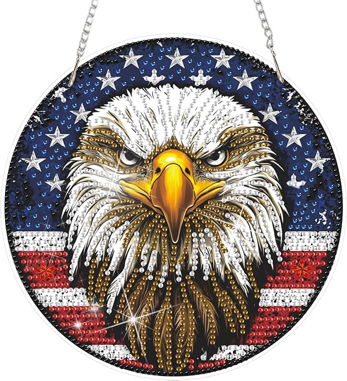 DOMROM 4TH of July Diamond Art Hanging Kit for Adult, Eagle Diamond Art Hanging Kit, Patriotic DIY Diamond Art, Independence Day Diamond Hanging Pendant, Window Pendants Garden Wall Hanging Ornament