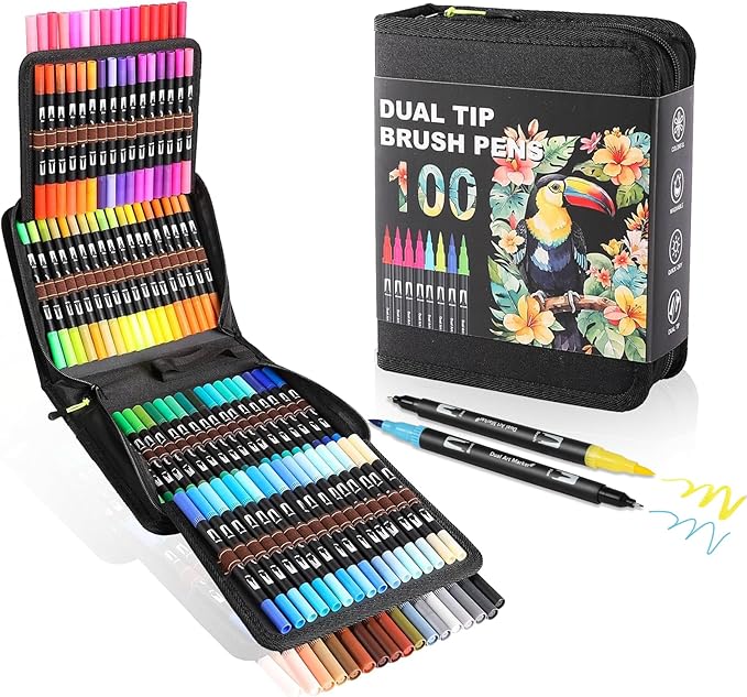 Dual Tip Markers, Brush Art Markers Set with Fine Tip and Brush Tip for Adult Coloring Book, Hand Lettering, Calligraphy & Drawing, Professional Art Supplies Kit for Adults (100 Colors)