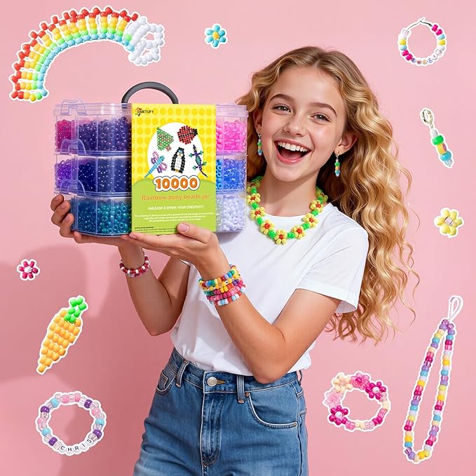 Simetufy 10000Pcs Pony Beads Bulk, 30 Colors Rainbow Kandi Beads for Hair Braiding Bracelet Making Kandi Jewelry Key Chains DIY Crafts Gifts Christmas Gifts (5.73lb, Stack Box)