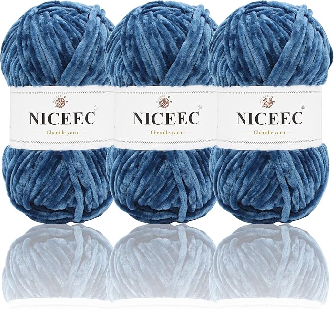 NICEEC 3 Skeins Soft Chenille Yarn Blanket Yarn for Knitting Fancy Yarn for Crochet Weaving DIY Craft Total Length 3×85m (3×93yds, 3×50g)_Navy Blue