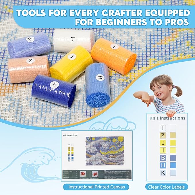 EsLuker.ly Latch Hook Rug Kit DIY Crochet Carpet for Beginners, Sea Wave Patterns Pre-Printed Canvas Yarn Rug Hooking Kits, Creative Craft Home Decor Ideal for Learning Rug Making
