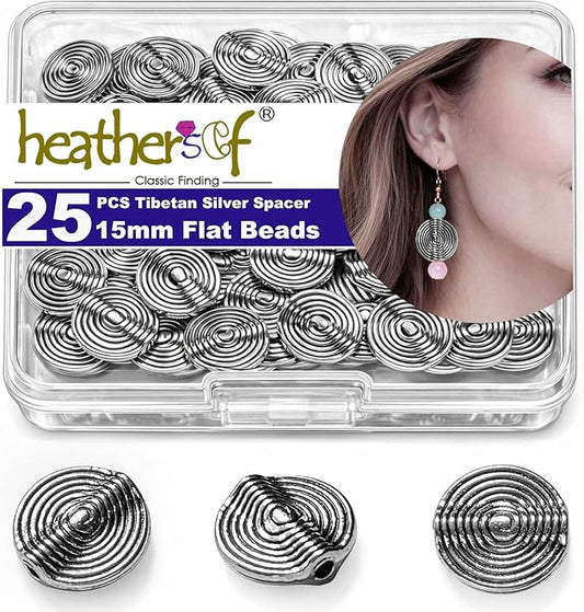 Tibetan Silver Stripe Spacer 15mm Flat Beads for Jewelry Making Supplies Adults Small Seed Bead for Necklace Earring Bracelet Making Kit Bulk 25 Pcs