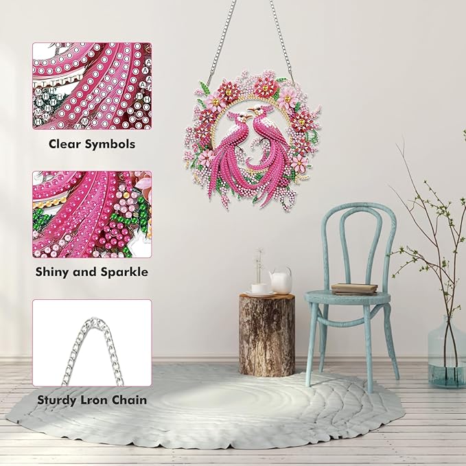 Miwixy Birds Hanging Diamond Art Kits for Adults,Pink Flowers Special Shaped Crystal Christmas Diamond Painting Ornament Kit DIY Double-Sided Pattern Window Pendant Gem Art Kit for Home Wall Decor