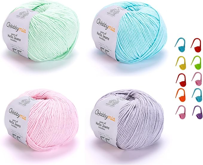Cotton Yarn Kit - 4 Multicolor Balls Soft Sport Weight Yarn for Crochet & Amigurumi - 50g / 175yds Each & 10 Stitch Markers (H11 - Pastel-2)
