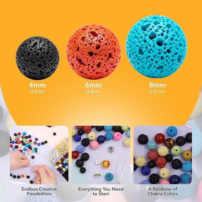Incraftables 600+ Lava Beads Collection – Natural Volcanic Rock for Jewelry Making – Black 4mm 6mm 8mm Sizes, Chakra Stones, Colorful Beads, Spacers & Complete Jewelry Findings Set