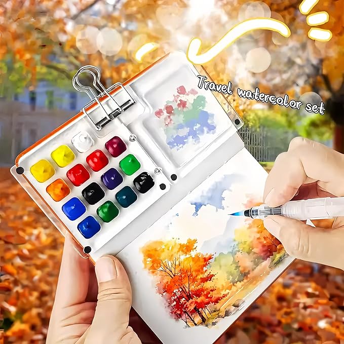 Mini Watercolor Travel Paint Set, Acrylic Painting Palette and Wooden Paint Box(15 Grids), 2 Sketchbooks, 2 Brush Pens and 24 Color Paints. Perfect for Artists, Students and Painters on The Go