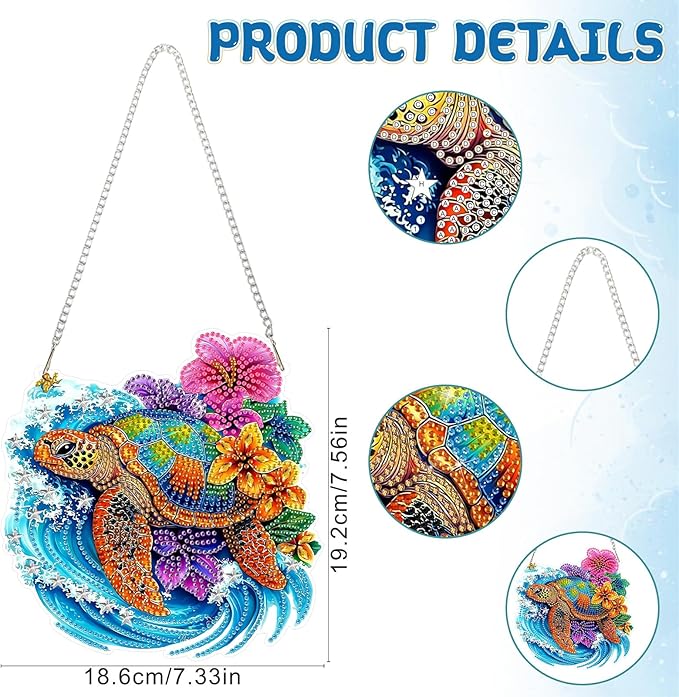 RICUVED Hanging Diamond Art Kit Turtle, Special Shaped Crystal Craft Sea Diamond Painting Pendant Kit for Adults Beginners, DIY Flowers Hanging Diamond Art Ornament Kit for Home Garden Decor