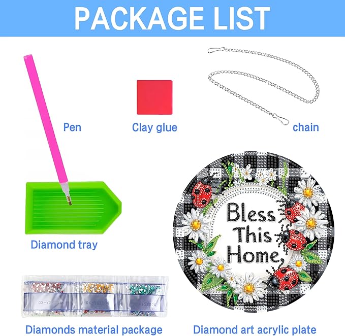 VAIIEYO Bless Diamond Art Hanging Ornament, Home Diamond Painting Suncatchers Window Hanging Kit with Chain, 7.5x7.5 inch Crystal Pendant Art Craft for Gift Home Wall Front Door Decoration