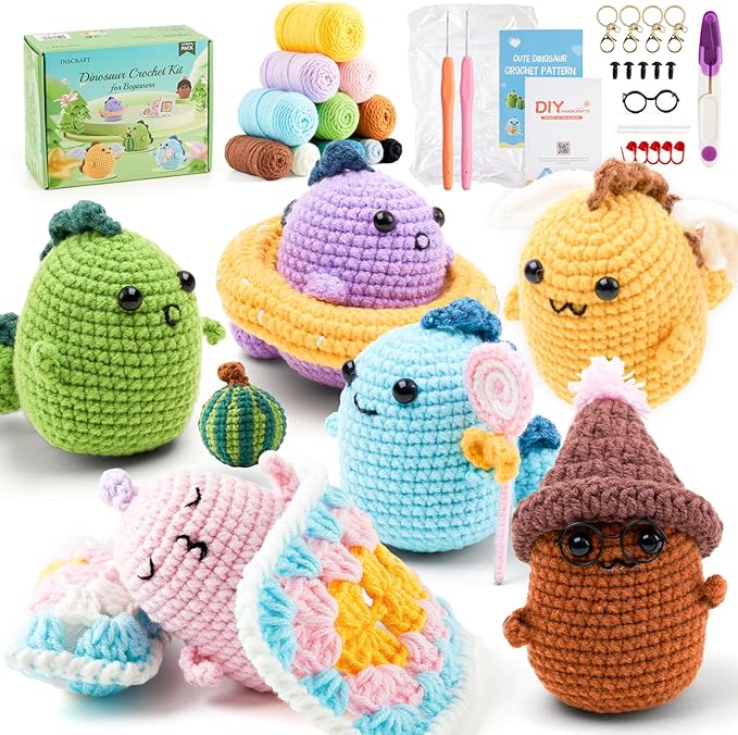 INSCRAFT Crochet Kit for Beginners, 6 Pack Dinosaurs Crochet Animal Kit,Starter Kit with Step-by-Step Video Tutorials, Learn to Crochet Kits for Adults, DIY Knitting Craft Supplies Gift