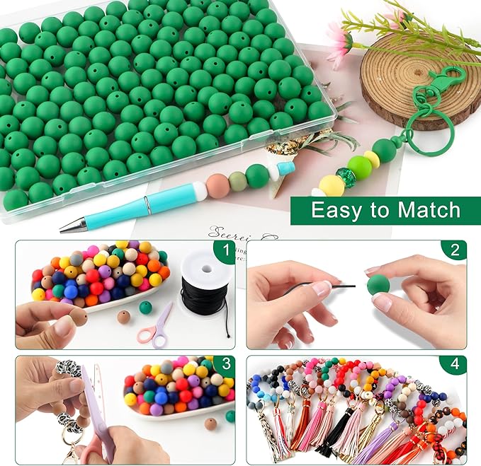 150Pcs 15mm Silicone Beads for Keychain Making Bracelet Necklace, Bulk Round Silicone Beads for Pens（Christmas Green）