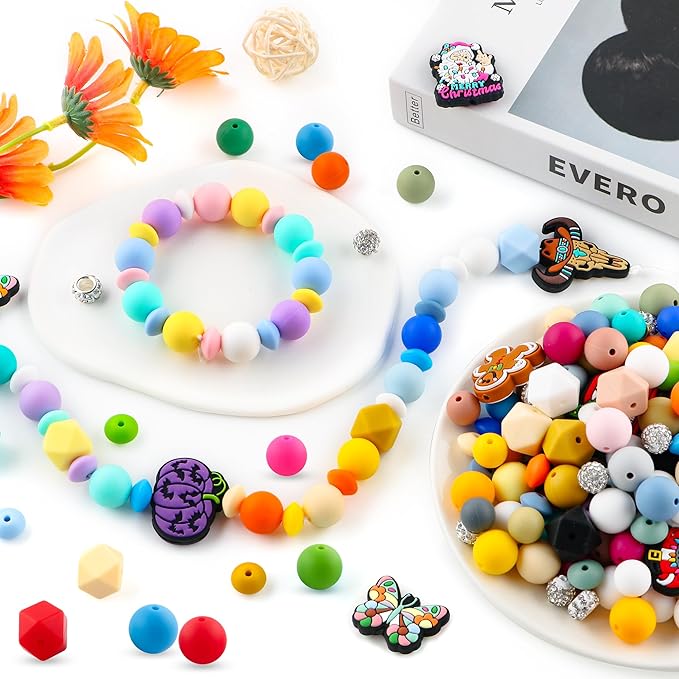 120Pcs Multicolor 12mm 15mm Silicone Beads for Keychain Making, 14mm Hexagon Beads Rhinestone Round Spacer 10mm for DIY Handicrafts(Warm)