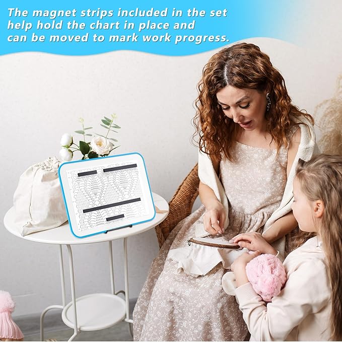 flutesan 8 x 12 inches knitting pattern holder with 4 replacement magnets knitting chart keeper magnetic board cross stitch supplies for crochet(blue border)