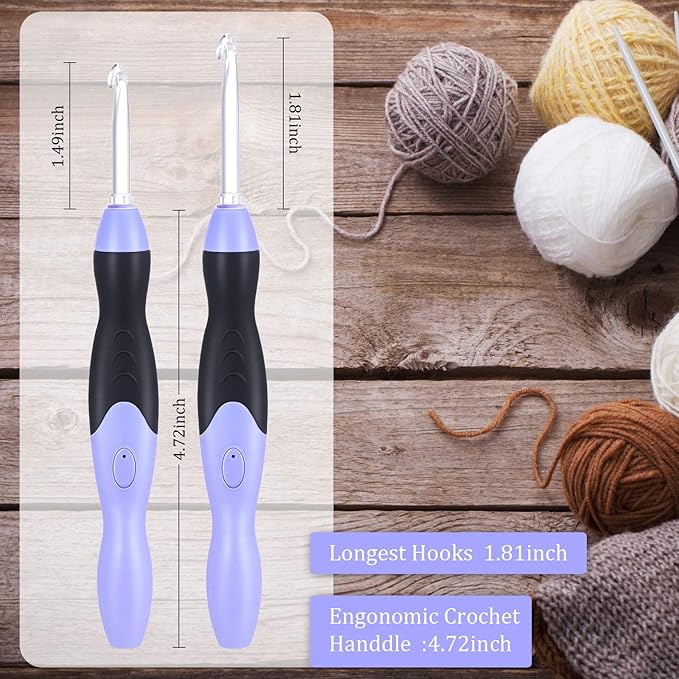 Chuangdi 11 Sizes Lighted Crochet Hooks Set Rechargeable Crochet Hook Light up Hooks with Case, Interchangeable Heads 2.5 mm to 8 mm for DIY Craft Supplies(Purple-Black)