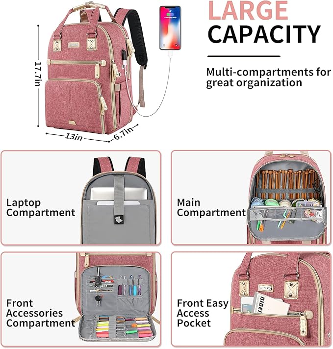 Crochet Bag, Knitting Bag Backpack and Totes Organizer with USB Charging Port, Large Yarn Storage Tote Bag