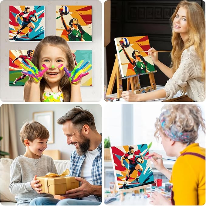 Lxmsja 4 Pack International Unified Sports Paint by Numbers Kit for Adults, Easy Framed Paint by Numbers for Adults Beginner, DIY Acrylic Oil Painting Craft Kits for Home Wall Decor 8x8 inch