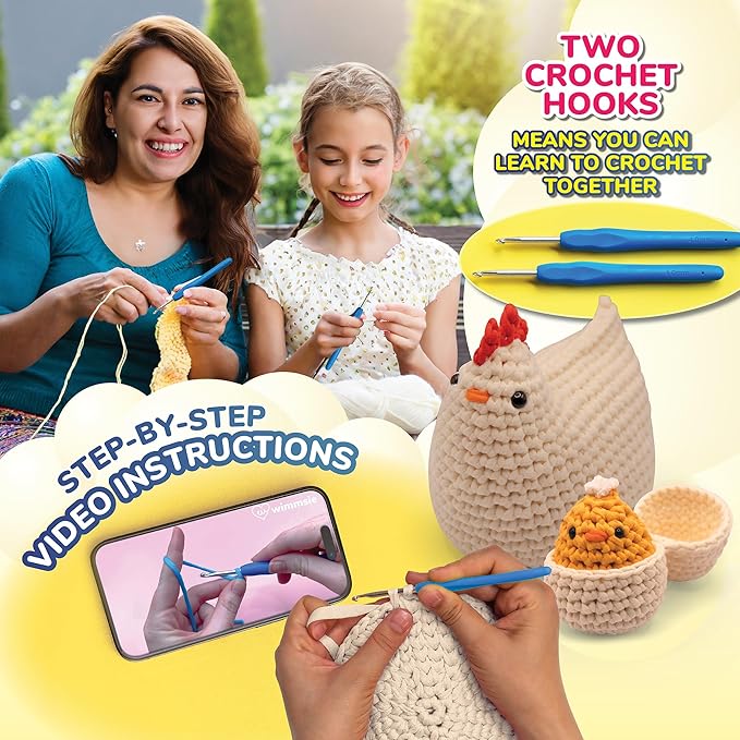 Wimmsie Crochet Animal Kit for Beginners - Easy Beginner Crochet Kit for Kids - Amigurumi Chicken Chick & Egg - 3 Kawaii Stuffed Animals - Cute DIY Yarn Plush