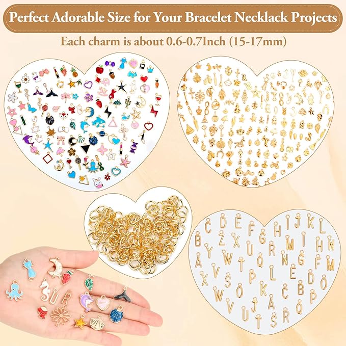 Modacraft 402 Pcs Charms for Jewelry Making with Jump Rings, 3 Types Bulk Assorted Enamel KC Letter Charm for DIY Necklace Bracelet Earring Keychain Craft Supplies