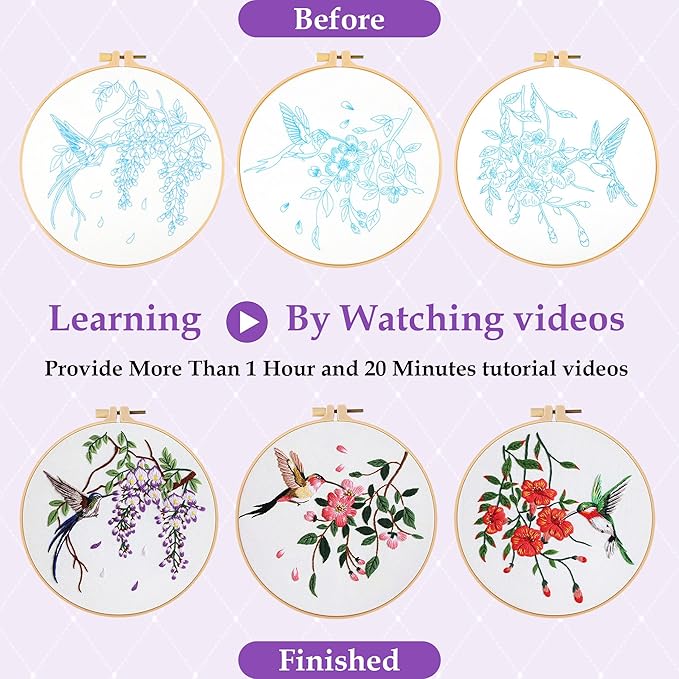 Embroidery Kit for Beginners,3 Pack Hummingbird and Flower Cross Stitch Kits for Adults,Needlepoint kit with Stamped Patterns,Hoop,Threads for Craft Lover,Hand Stitch with Embroidery Skill Techniques