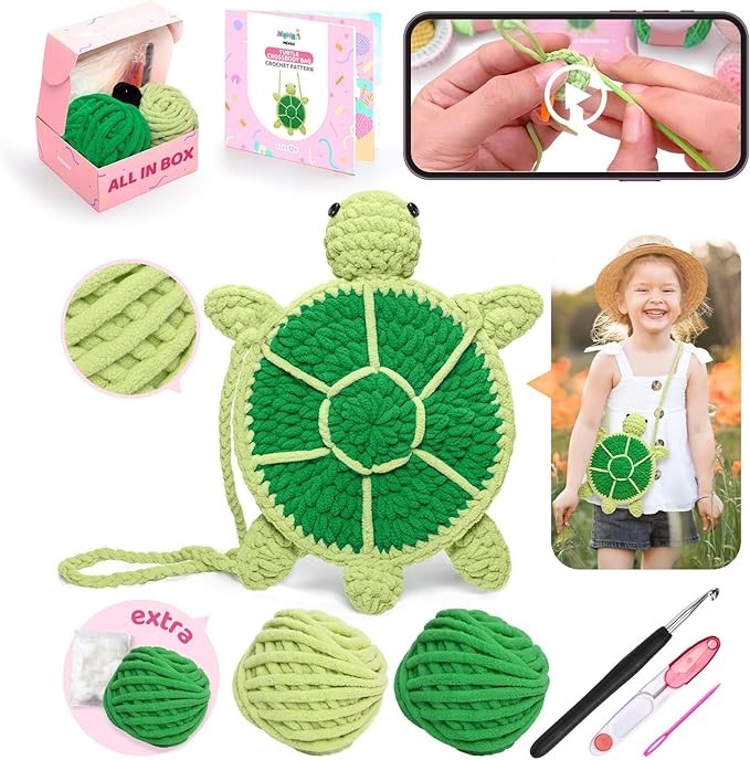 Mewaii Crochet Kit for Beginners Level 2 with 40% Extra Eco-Friendly Pre-Started Easy Yarn, Step-by-Step Video Tutorials for Adults and Kids (Turtle Crossbody Bag)