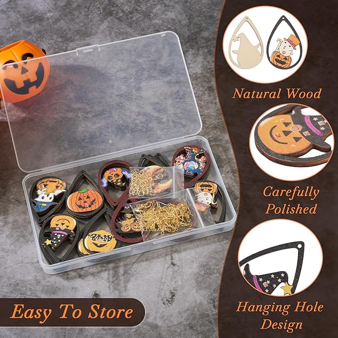 Beadthoven 20 Pairs DIY Halloween Wood Dangle Earring Making Kit Halloween Pumpkin Printed Wood Pendants Hollow Teardrop Charms Hanging Ornaments Earring Hooks Jump Rings for Jewelry Making Adult