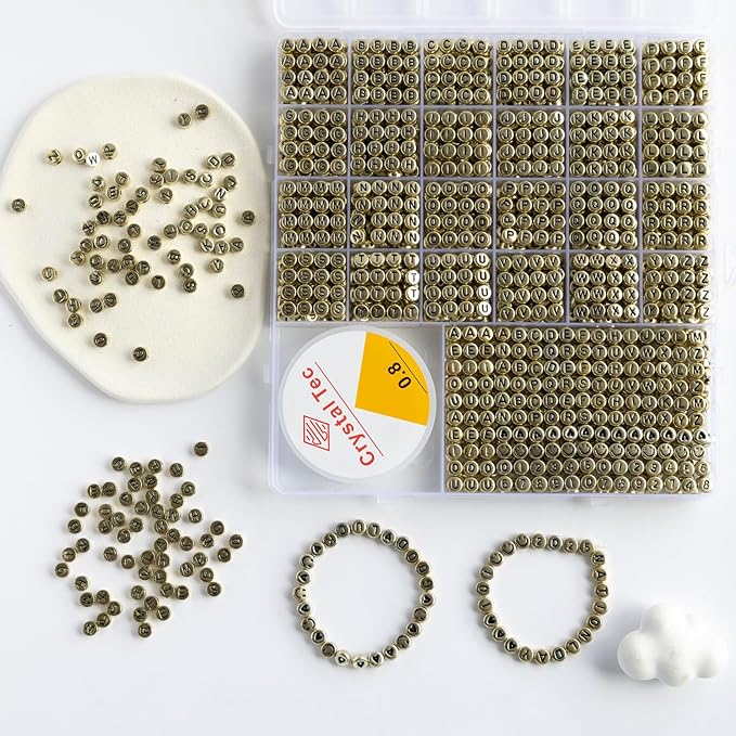 nikkiGuo 1250 PCS Letter Beads Kit with Elastic Cord – Alphabet A–Z, Numbers, Heart, Moon, Star, Smiley Beads for Friendship Bracelets & DIY Jewelry (Golden Beats & Black Letters)