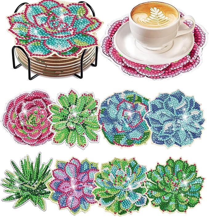 EWJRNSF 8 PCS Diamond Art Coasters Kit, Small Diamond Painting Coasters, Fall Diamond Art Kits for Adults Beginners, Arts and Crafts Supplies Item Sets with Holder