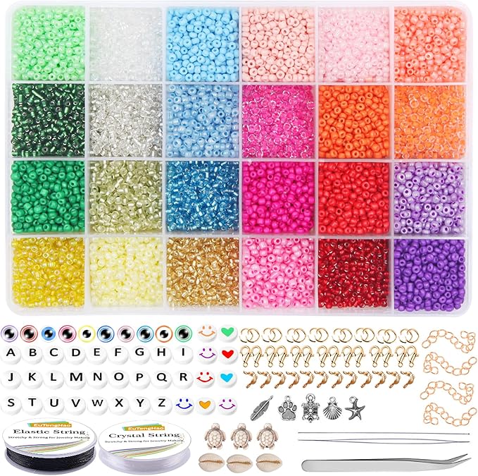 EuTengHao 13200Pcs Glass Seed Beads Small Craft Beads Small Beads for DIY Bracelet Necklaces Crafting Jewelry Making Supplies with Jewelry Findings (3mm, 550 Per Color, 24 Colors)