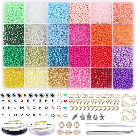 EuTengHao 13200Pcs Glass Seed Beads Small Craft Beads Small Beads for DIY Bracelet Necklaces Crafting Jewelry Making Supplies with Jewelry Findings (3mm, 550 Per Color, 24 Colors)