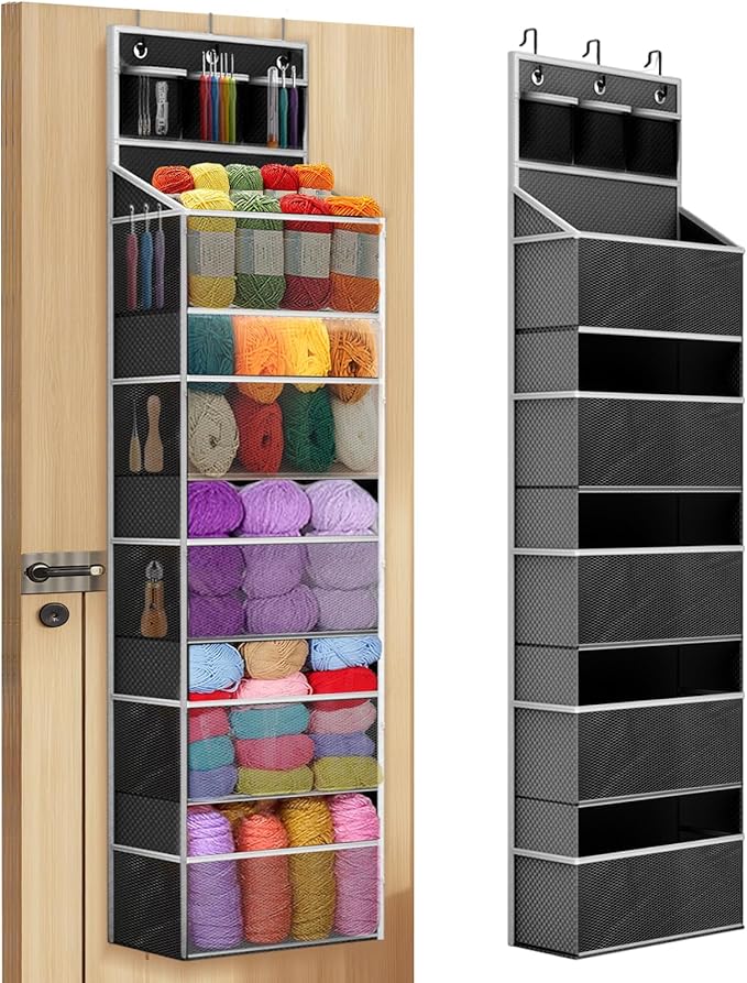 Hanging Yarn Storage Organizer, Large Capacity Knitting Yarn Organizer Storage with 5 Deep Pockets 13 Mesh Bags, Over The Door Yarn Holder for Knitting Needles Crochet Hooks, Black