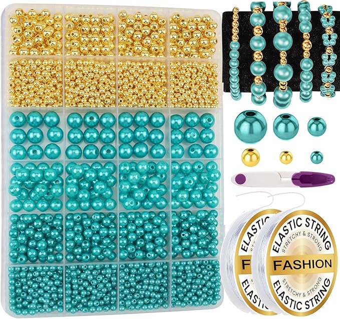 2116 PCS Pearl Beads for Bracelet Making Kit Gold Beads for Jewelry Making Kit Gold Small Spacer Bead Lake Blue Pearl Bead for Crafting Charms Necklace Earrings DIY Craft for Women Adult