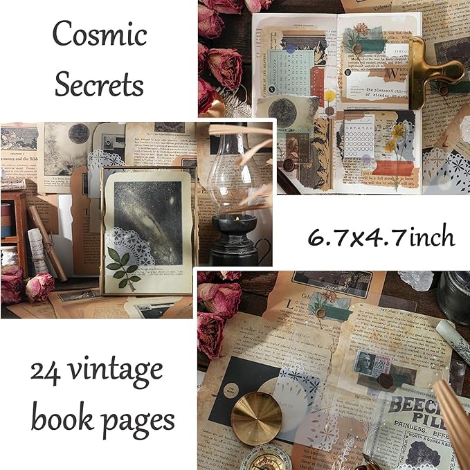 Vintage Aesthetic Scrapbook Supplies Kit with Scrapbook Paper, Stickers for Scrapbooking, DIY Albums, Junk Journals, Bullet Journals, Celestial Universe Planets Space Collage Decor (Dark4 125 Pcs)