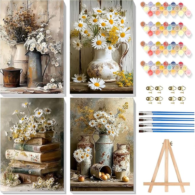 4 Pack Paint by Numbers for Adults with Framed Canvas - with Wooden Easel, Vintage Flower Paint by Number, Daisy Rustic Flowers Acrylic Oil Painting on Canvas with Brush for Home Wall Decor 8x12 inch