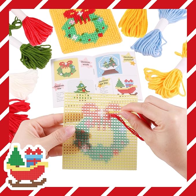 Pllieay Christmas 10-in-1 Cross Stitch Beginner Kit for Kids, Includes Instruction of 10 Different Patterns, 10 Printed Plastic canvases for Needlework, Needlepoint Starter Sewing Set