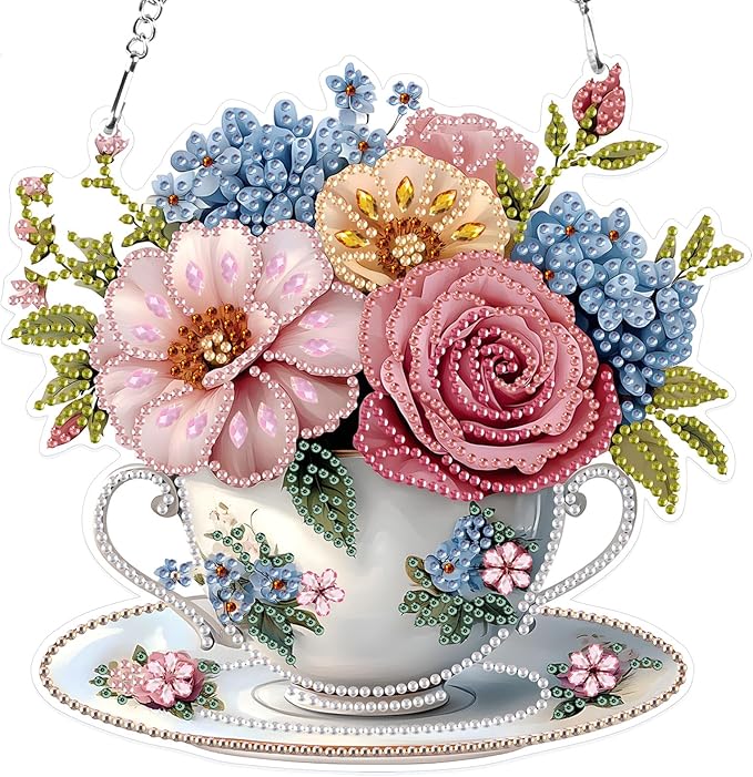 MXJSUA Teacup Floral Special Shaped Hanging Diamond Painting Art Kits for Adults, Crystal Rhinestone Acrylic Gem Art Pendant Ornaments Kit for Home Decoration and Gift