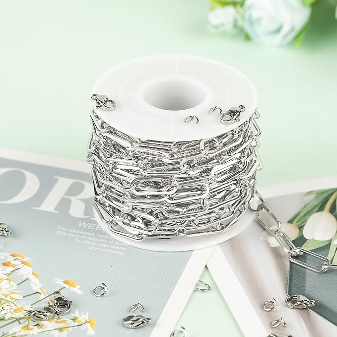 KYUNHOO Silver Jewelry Making Chain Roll Stainless Steel Paperclip Chains Bulk 5 Meters Long Craft Chain with Lobster Clasps Jump Rings for Men Women DIY Jewelry Supplies