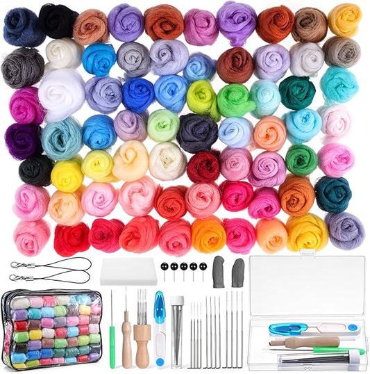 Lyksgir 70 Colors Needle Felting Kit, Wool Roving Set, Wool Felting Tool Starter Kit, for DIY Needle Feltings Beginners